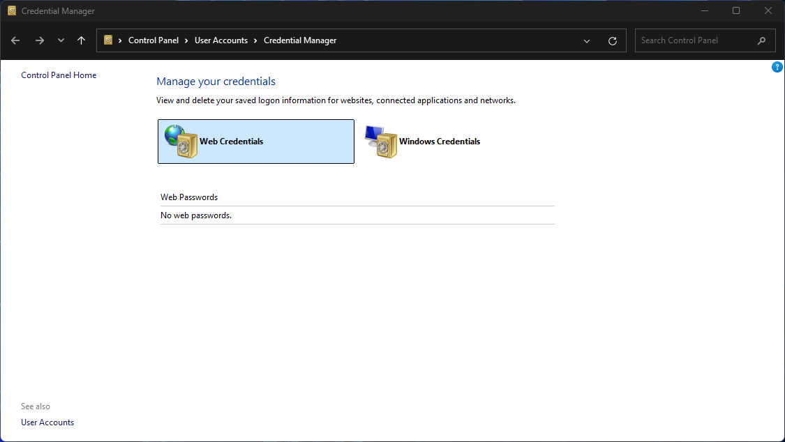 The Windows Credential Manager default application window.