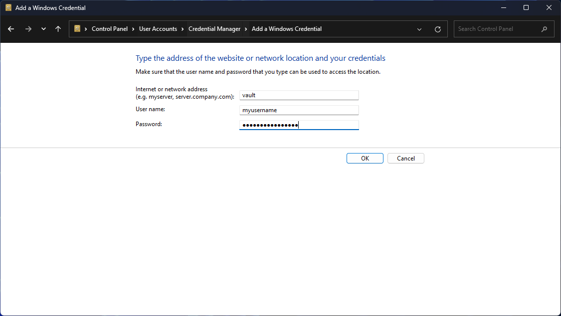 Fields for adding the NAS credentials.