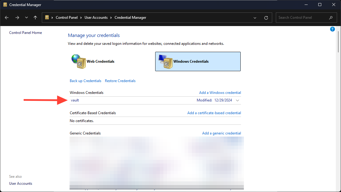 Credential Manager window showing newly added NAS credential.