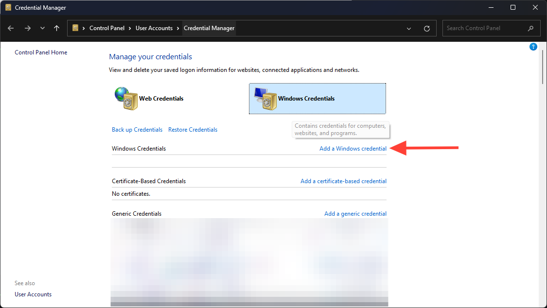 Credential Manager windows with annotation showing where to click to add credential.